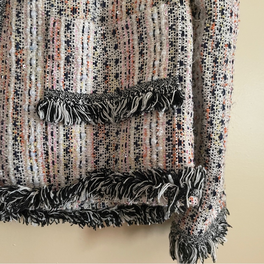 Anthropologie Eva Franco Reston Tweed Blazer Jacket Small Fringe Trim Open Front - Picture 9 of 13